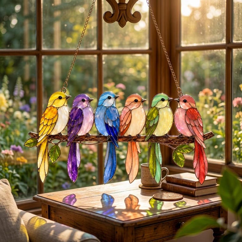 Acryl-Vogel-Sonnenfänger, Wandbehang in Buntglasoptik, farbenfrohes Dekor für Zuhause