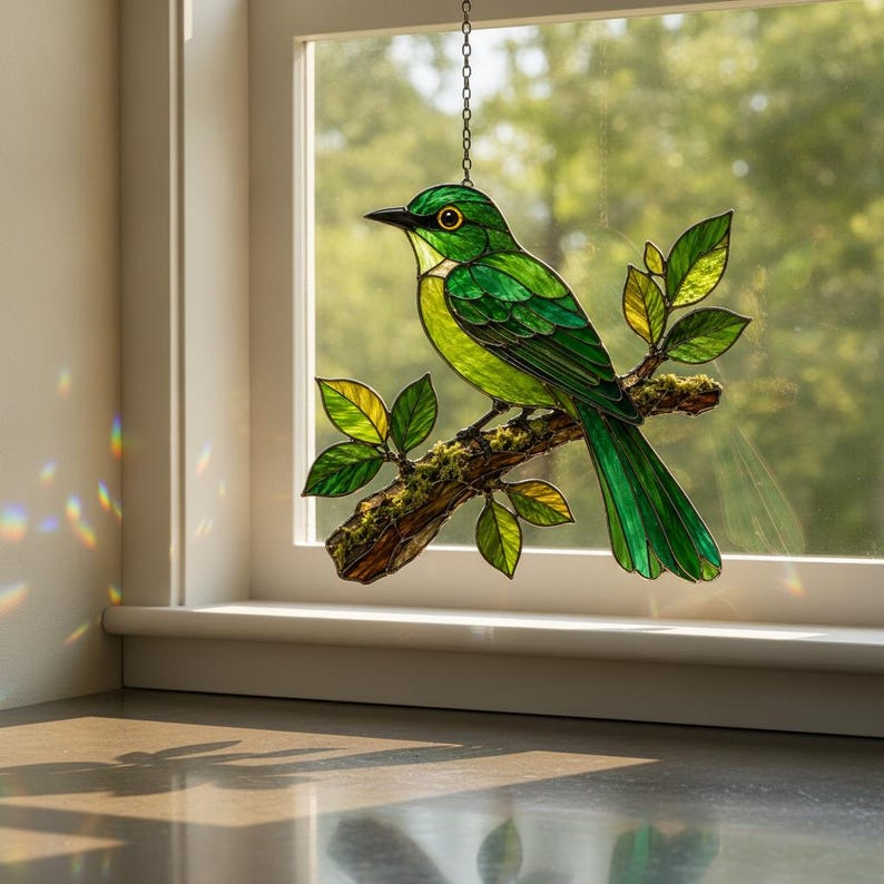 Grüner Vogel Acryl-Sonnenfänger, Fensterdekoration in Buntglasoptik, Naturdeko, Gartenkunst, Terrassendekoration
