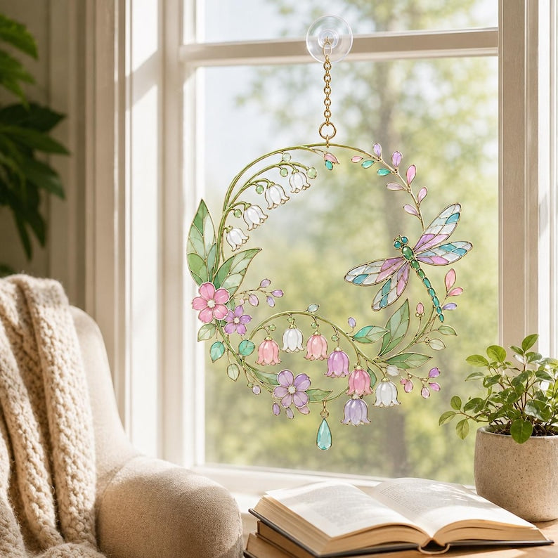 Acryl Sonnenfänger Libelle mit floralem Muster, Fensterhänger Maiglöckchen-Imitation
