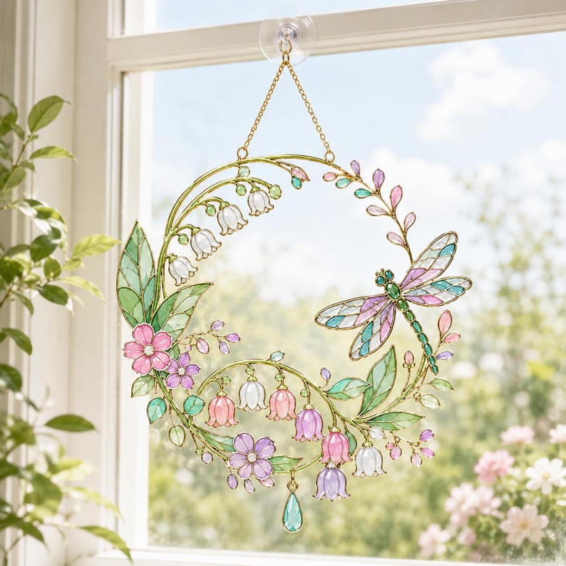 Acryl Sonnenfänger Libelle mit floralem Muster, Fensterhänger Maiglöckchen-Imitation