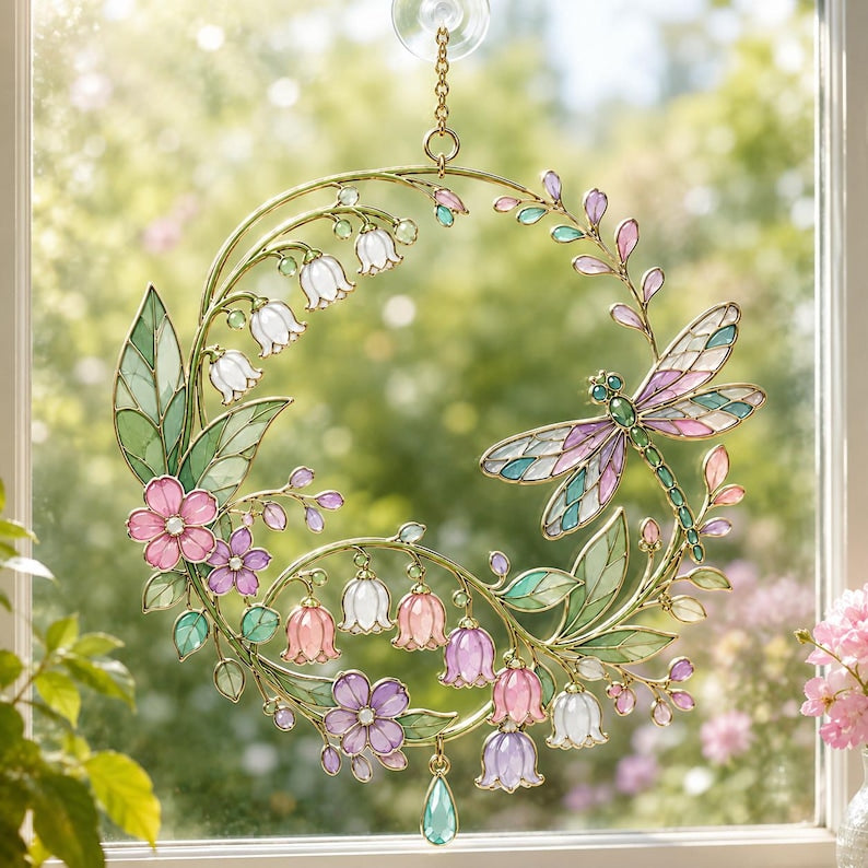 Acryl Sonnenfänger Libelle mit floralem Muster, Fensterhänger Maiglöckchen-Imitation