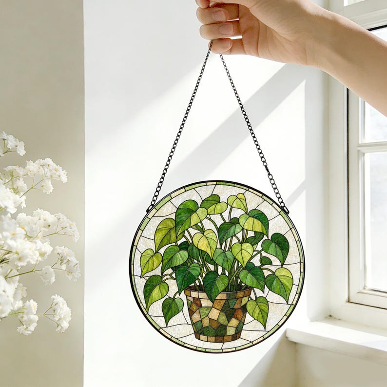 Grüne Blätter Efeu Buntglas Sonnenfänger Fensterdekoration, UV-Druck Glaskunst, 3 Größen, Hängend