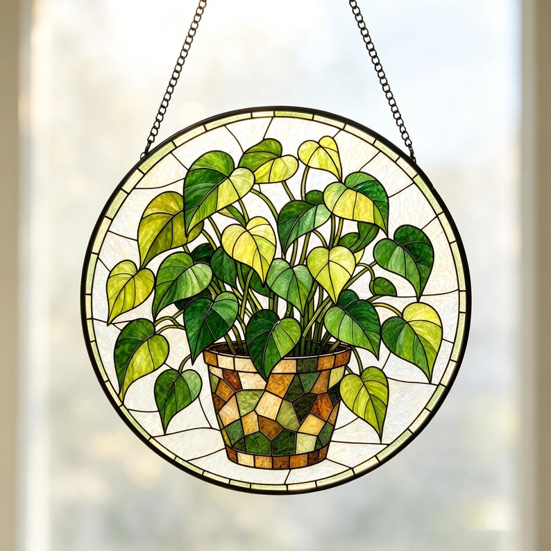 Grüne Blätter Efeu Buntglas Sonnenfänger Fensterdekoration, UV-Druck Glaskunst, 3 Größen, Hängend