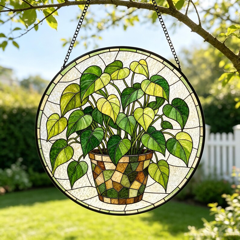 Grüne Blätter Efeu Buntglas Sonnenfänger Fensterdekoration, UV-Druck Glaskunst, 3 Größen, Hängend