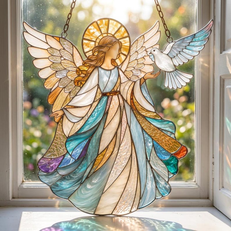 Acryl-Sonnenfänger mit Engel und Taube, Buntglasoptik, Metallkette, 10-45 cm, religiöse Dekoration