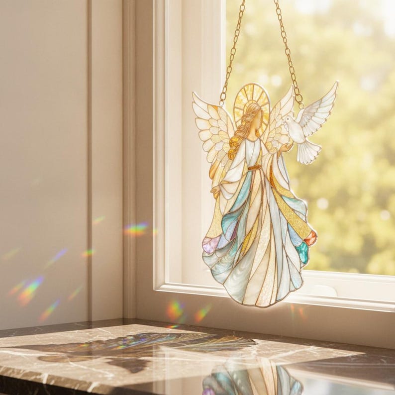 Acryl-Sonnenfänger mit Engel und Taube, Buntglasoptik, Metallkette, 10-45 cm, religiöse Dekoration